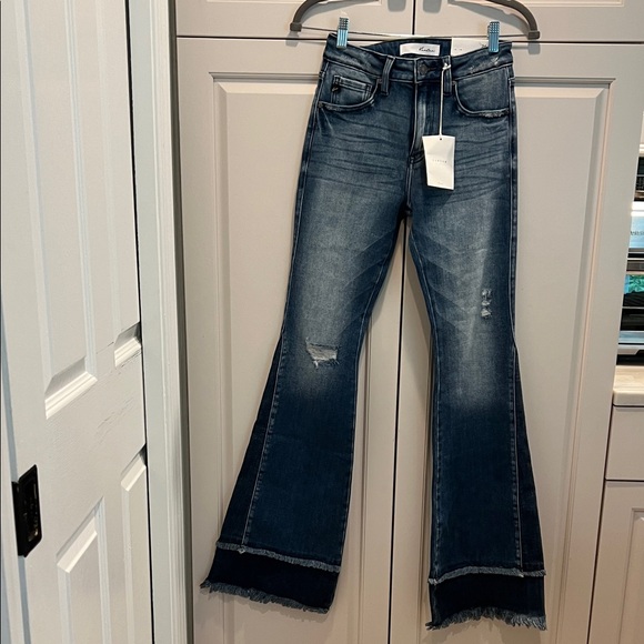 KanCan Denim - KanCan Dark Blue High-Rise Flare Jeans with Frayed Hem 24/32